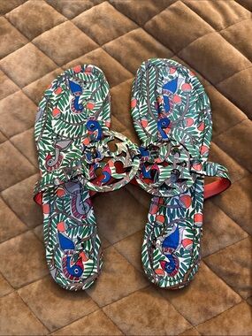 Tory Burch Multicolor Bird-Print Slide Sandals in Green, Blue & Coral